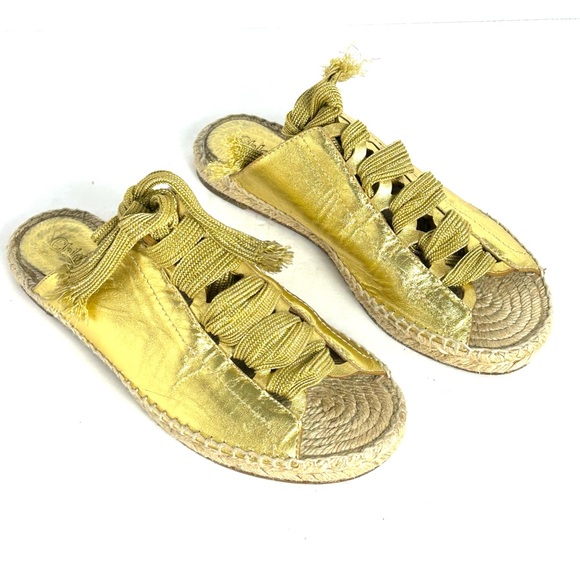 CHLOE Harper Lace-Up Espadrille Flat Sandals Gold Metallic Leather Size EU 38 - Picture 1 of 11
